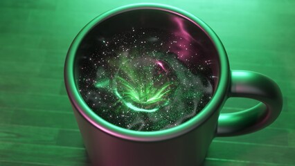 Cosmic galaxy simulation swirling inside illuminated dark mug, green and purple lights creating mesmerizing abstract visual effect on wooden table surface
