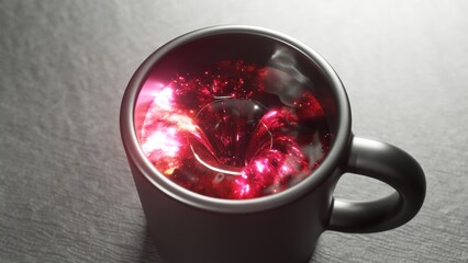 Cosmic energy swirls in a black mug, revealing a vibrant galaxy with a bright center, creating a captivating blend of everyday object and extraordinary phenomena