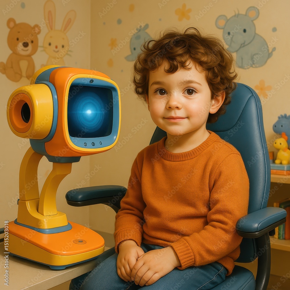 Poster child undergoing noninvasive eye scan with advanced technology in a friendly environment