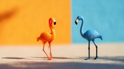 Obraz premium Two flamingo toys on a vibrant orange and blue background, radiating joy and optimism. 