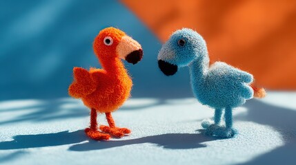Two flamingo toys on a vibrant orange and blue background, radiating joy and optimism.
