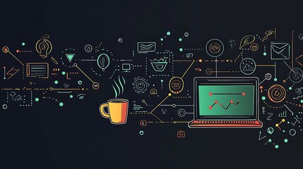 Abstract illustration of a laptop with graphs, coffee cup, and digital icons on a dark background