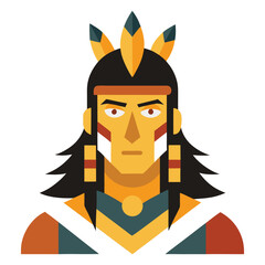 Vector Portrait of Indigenous Warrior with Face Paint, Feathers, and Tribal Attire on White Background.