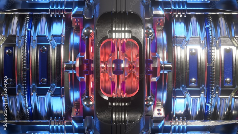 Poster futuristic engine core with intricate details and glowing red elements pulsates with energy, showcas