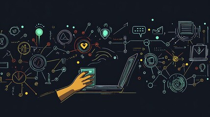 Abstract illustration of a laptop with graphs, coffee cup, and digital icons on a dark background