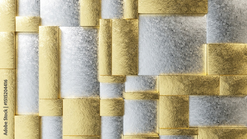 Poster metallic gold and silver geometric shapes dynamically transforming, creating sophisticated architect