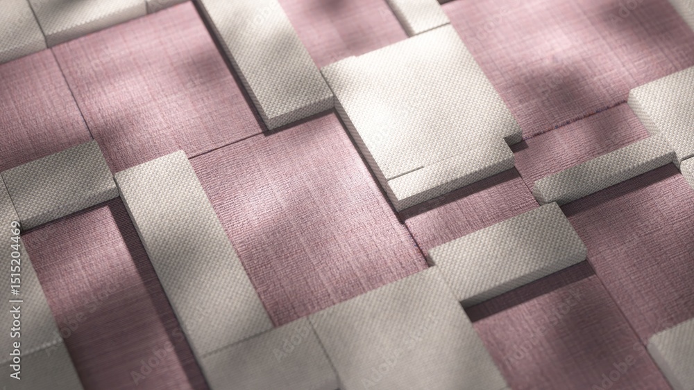 Poster white rectangular blocks are arranged on a purple fabric surface, their shadows shifting and changin