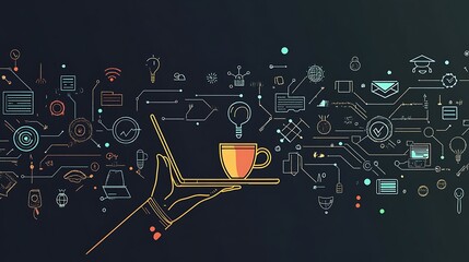 Abstract illustration of a laptop with graphs, coffee cup, and digital icons on a dark background