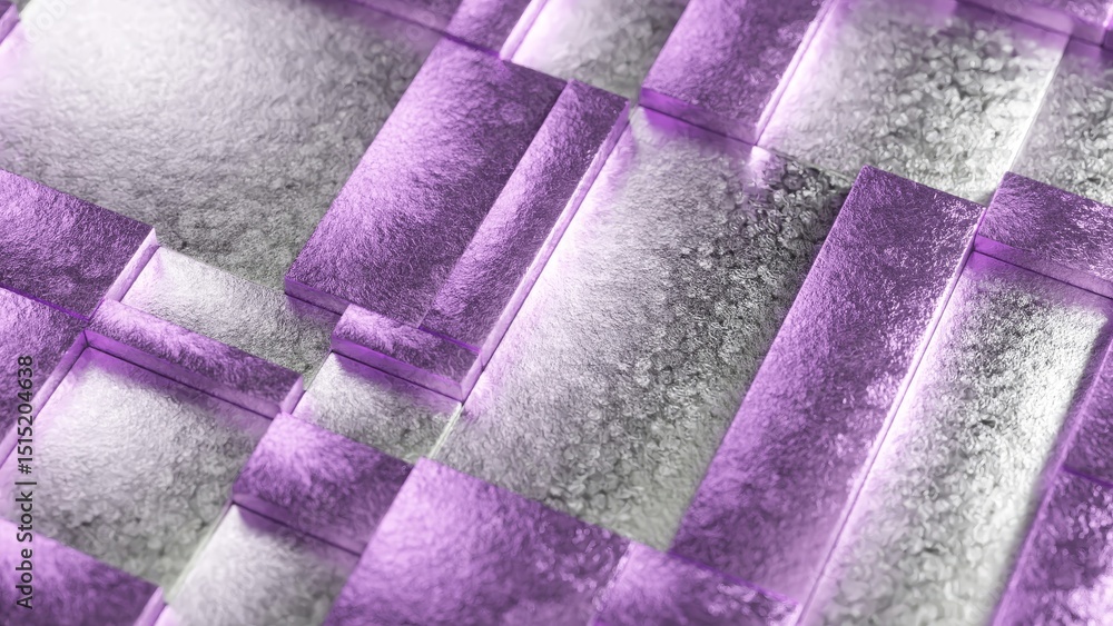 Poster metallic purple and silver rectangular cuboids rotating slowly, generating seamless geometric patter