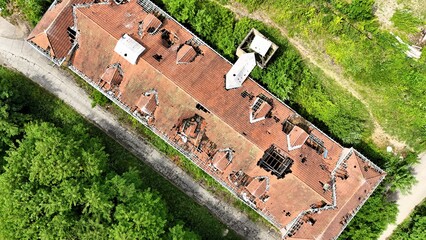 an old collapsed tiled roof as an aerial photograph	