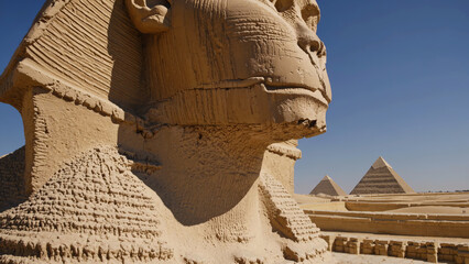 Iconic sphinx rests in golden desert near pyramids under clear blue sky. This ancient sphinx stands as symbol of Egypts timeless legacy