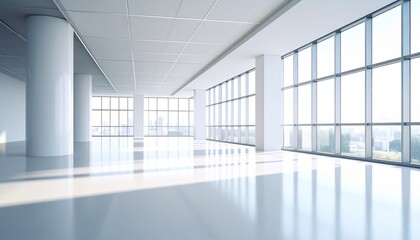 Fototapeta premium Modern Empty Office Space with Large Windows and City View Bright Sunlight Interior Design.