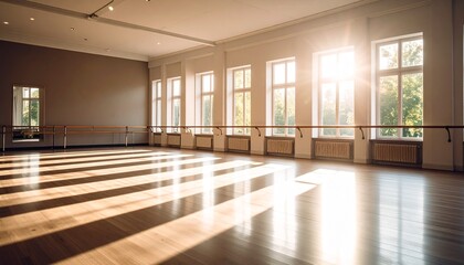 Sunlit Dance Studio with Wooden Floor and Barre Bright Spacious Room Natural Light.