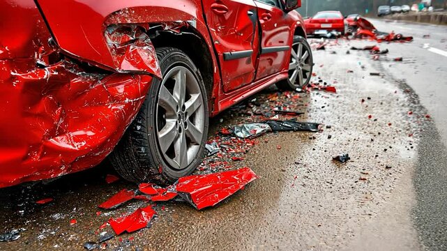 Aftermath of a devastating car accident on a highway.  Red car severely damaged, wreckage scattered on the road.