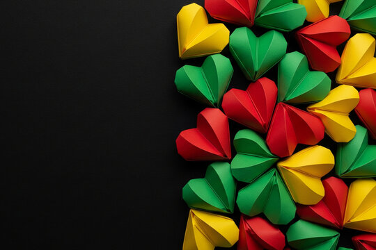 photo of handcrafted paper hearts in red, yellow, and green celebration for juneteenth
