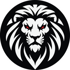 Lion Head Vector Logo - Fierce Black and White Animal Icon with Red Eyes
