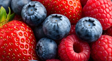 Fresh Strawberries, Blueberries, and Raspberries Close-up
