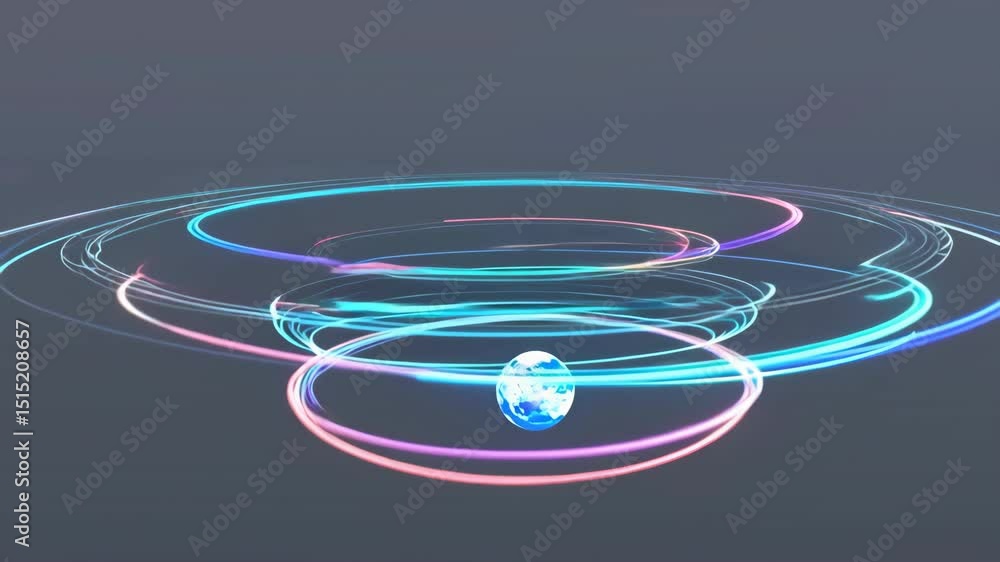 Poster a mesmerizing 3d representation of an abstract planet surrounded by colorful circular orbits, showca