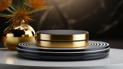 3D render of two layer round shiny gold and black