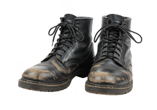 Pair of worn black leather boots isolated on transparent background