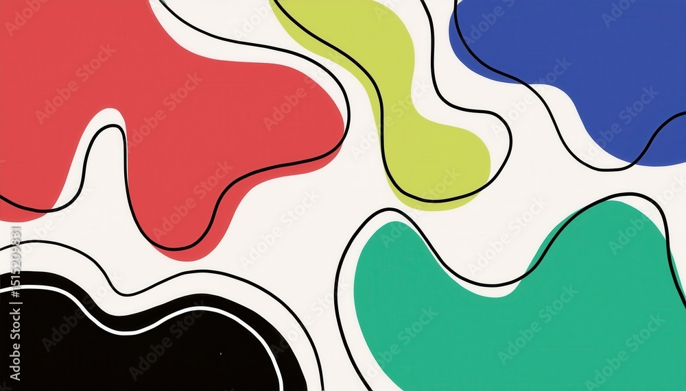 Poster abstract colorful fluid shapes with bold black contour lines on white background for modern branding