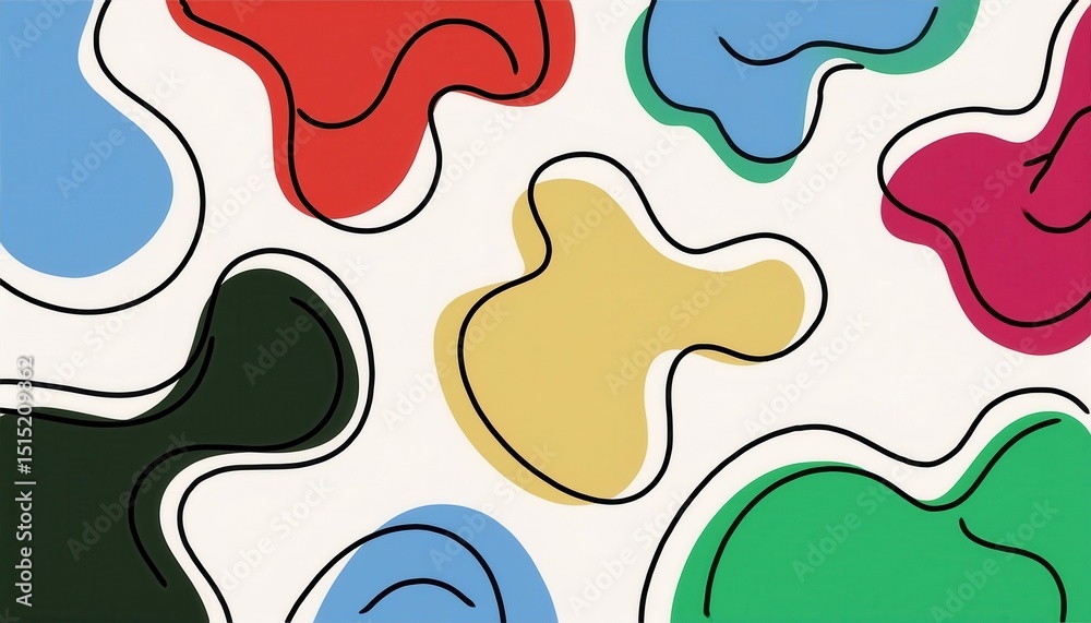Poster abstract colorful fluid shapes with bold black contour lines on white background for modern branding