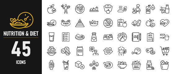 Healthy Nutrition and Balanced Diet Icons for Wellness, Food, and Meal Planning