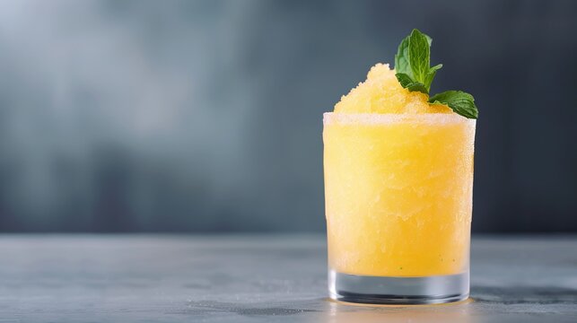Close up of a refreshing orange slushy drink with mint garnish. Perfect for summer, cocktails, and healthy beverages.