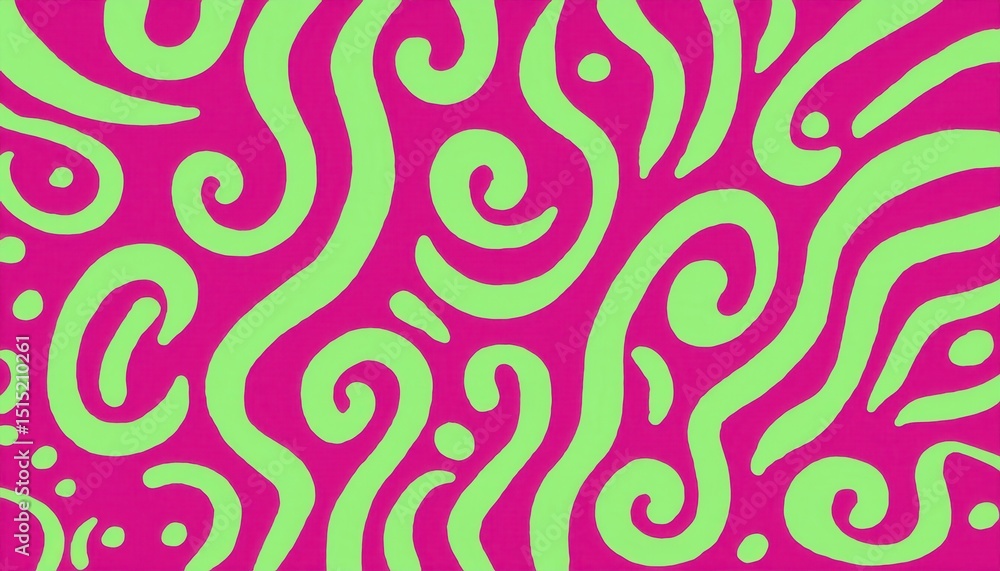 Poster green swirl and dot pattern on vibrant magenta background for retro branding, web design, textile pr