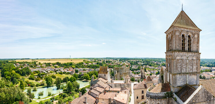 Chauvigny, elevated panoramic general view from the dungeon, Saint Pierre Church, sunny afternoon, near Poitiers, France