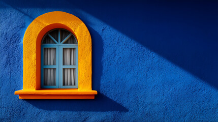 Yellow arched window on vivid blue stucco wall