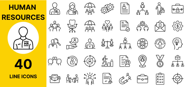 HR and Human Resources Icons – Resume, Interview, Recruit, Team, Employee, Job, Profile, Manager, Hiring, Talent, People, Career, Staff, Training, Candidate