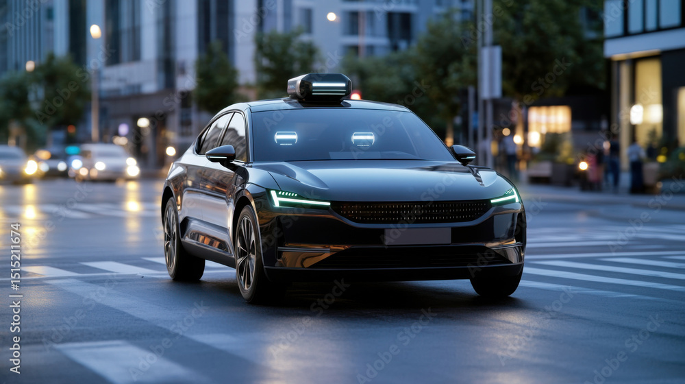 Poster an advanced autonomous car navigates a busy city intersection during twilight. its design showcases 