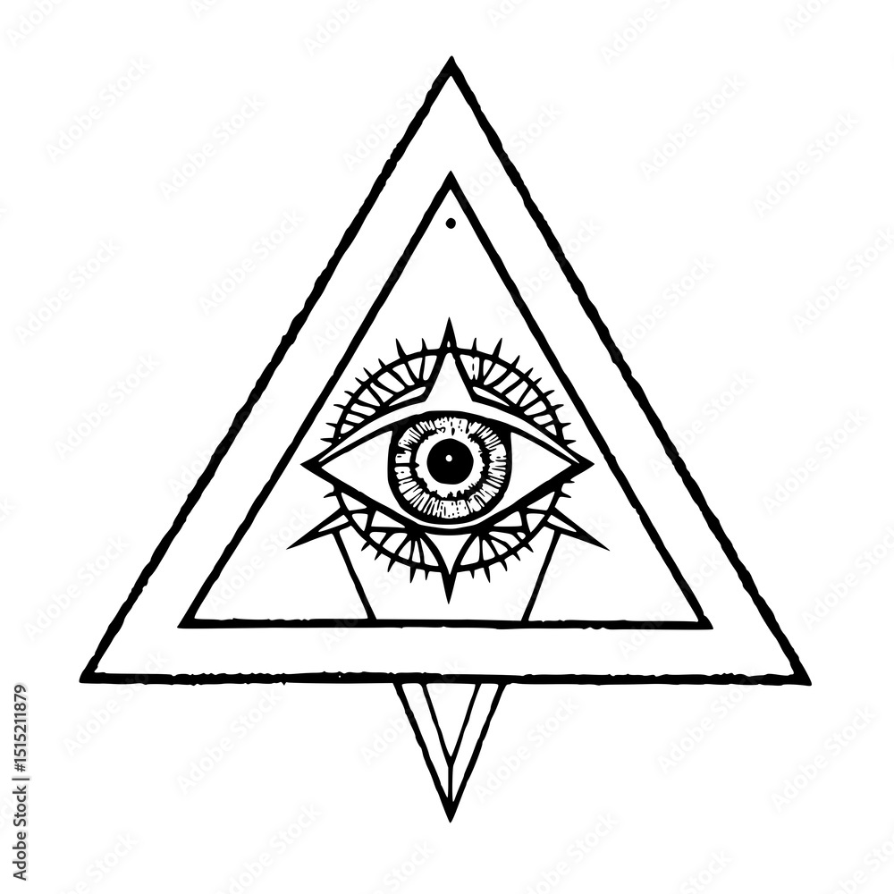 Poster all-seeing eye in triangle: a mystical line art illustration features an intricate eye within nested