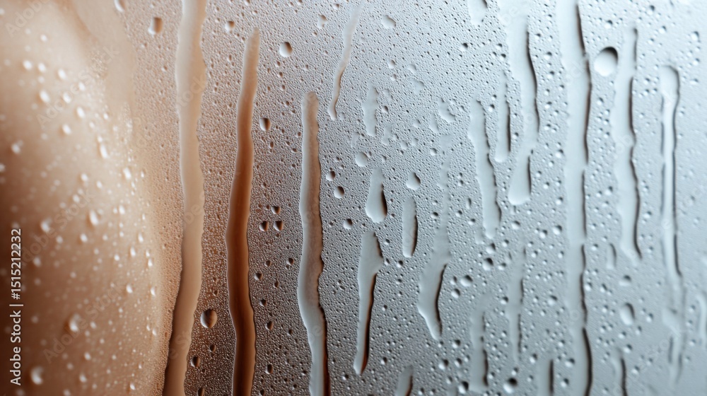 Poster condensation forms intricate patterns on the glass, blurring the view outside while soft light filte