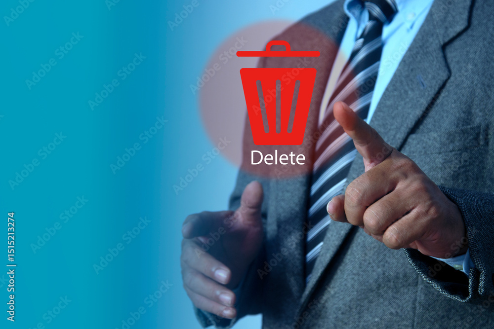 Poster man pushing the delete button on virtual screen. the concept of deletion or erase contacts, files, i