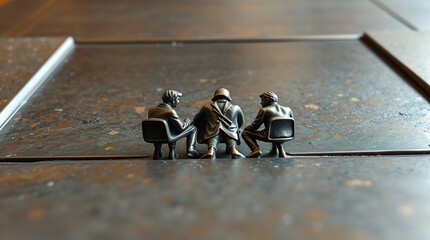 Miniature silver figures of three individuals seated on tiny chairs, arranged on a textured metal surface
