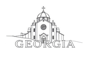 Minimalist black and white line art illustration of a traditional Georgian Orthodox church with domes and a cross. Elegant architectural sketch with Georgia text below