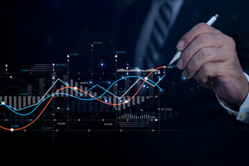 Business man hand showing marketing growth strategy graph with creative graphic chart of investment finance analysis diagram concept