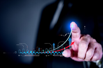 Planning goal target challenge and business strategy finance investment development concept. Businessman point increase arrow graph corporate future growth.