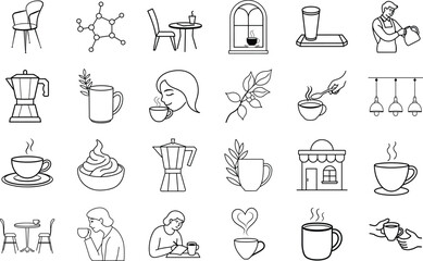 Coffee Shop Icons Cafe, Beverage, Tea, Espresso, Mugs, Barista, Table, Chair, Window, Aroma