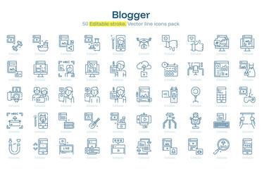 Blogger line icon pack. Blogger Stroke icon set. Editable Stroke icon