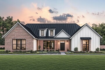 Obraz premium Modern farmhouse design featuring a combination of brick and siding, set against a serene sunset in a peaceful neighborhood landscape
