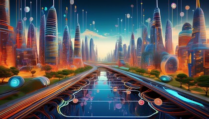 Obraz premium a surreal vision of a tech driven future city where work travel and lifestyle are interconnected by blockchain and iot systems