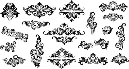 ornamental text divider, elegant border design elements, perfect for web, page decoration, invitations, cards. Vintage style, monochromatic, vector set. Unique, intricate swirls, curls, shapes