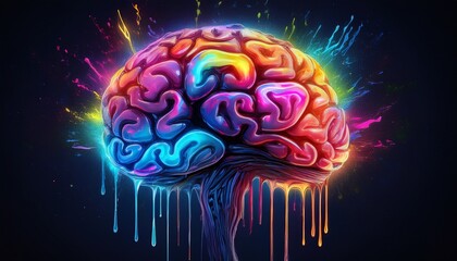 vibrant neon brain with dripping colors in dark background