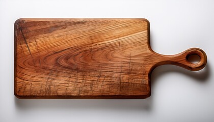 worn wooden cutting board with handle displaying surface texture and scratches on clear backdrop