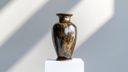 A finely crafted ceramic vase stands prominently on a white pedestal within a gallery. Soft light streams in, casting gentle shadows that enhance the vase's artistic features