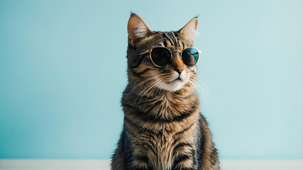 A cool-looking striped cat with glasses is sitting on a blue background. AI-Generated