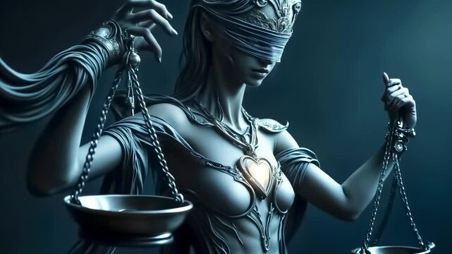 Moonlight reflects off the blindfold as midnight Themis weighs her lover's heart against the cold texts of the law.